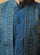 Teal Blue Embroidered Jacket Style Silk Indowestern For Men